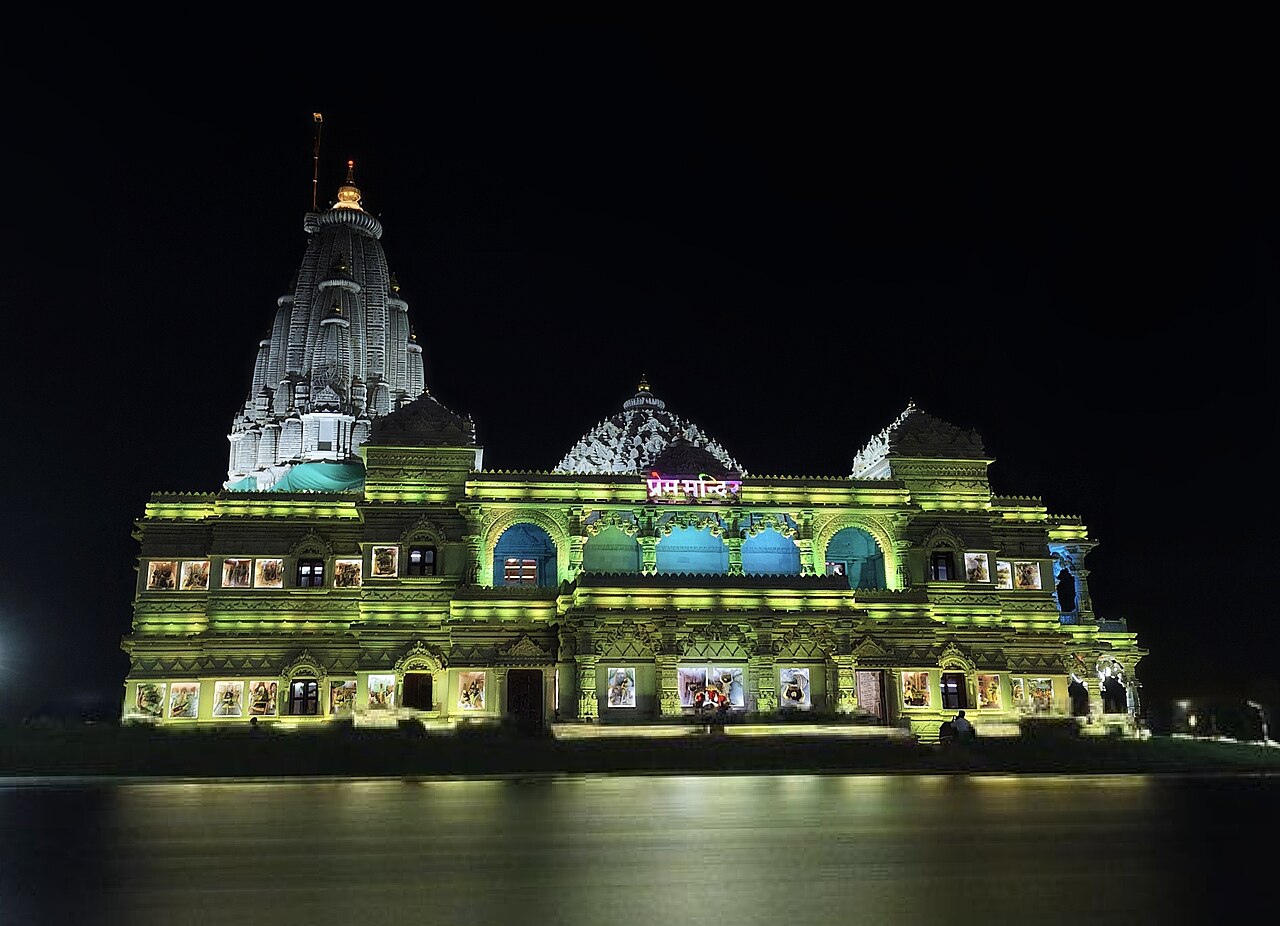 Prem Mandir lit up at night