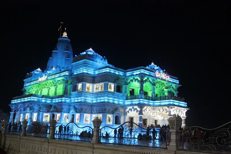Prem Mandir lit in blue at night, Vrindavan
